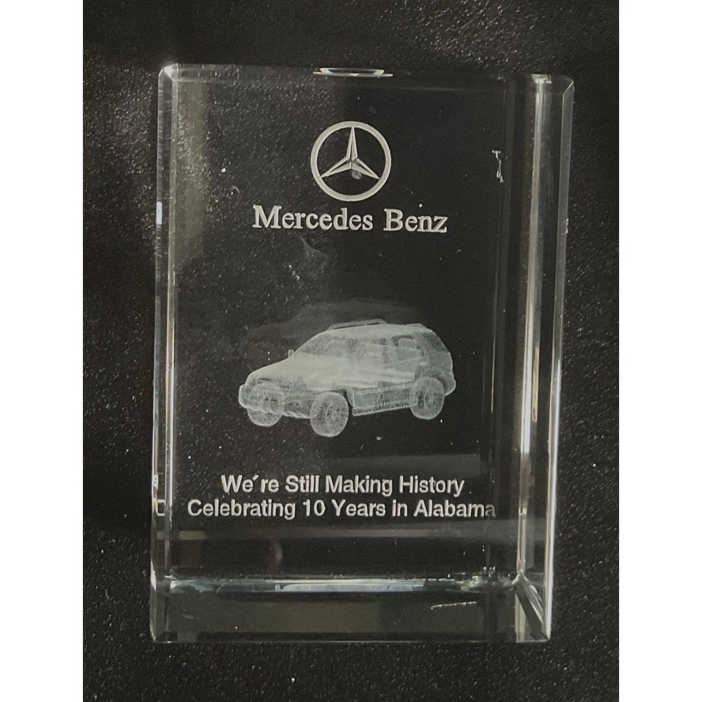 MERCEDES BENZ 3D PAPERWEIGHT CRYSTAL GLASS LASER ETCHED 10 YEAR ALABAMA HISTORY